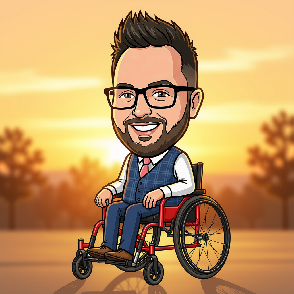 Caricature of Gary, founder of Escala Digital, in his wheelchair