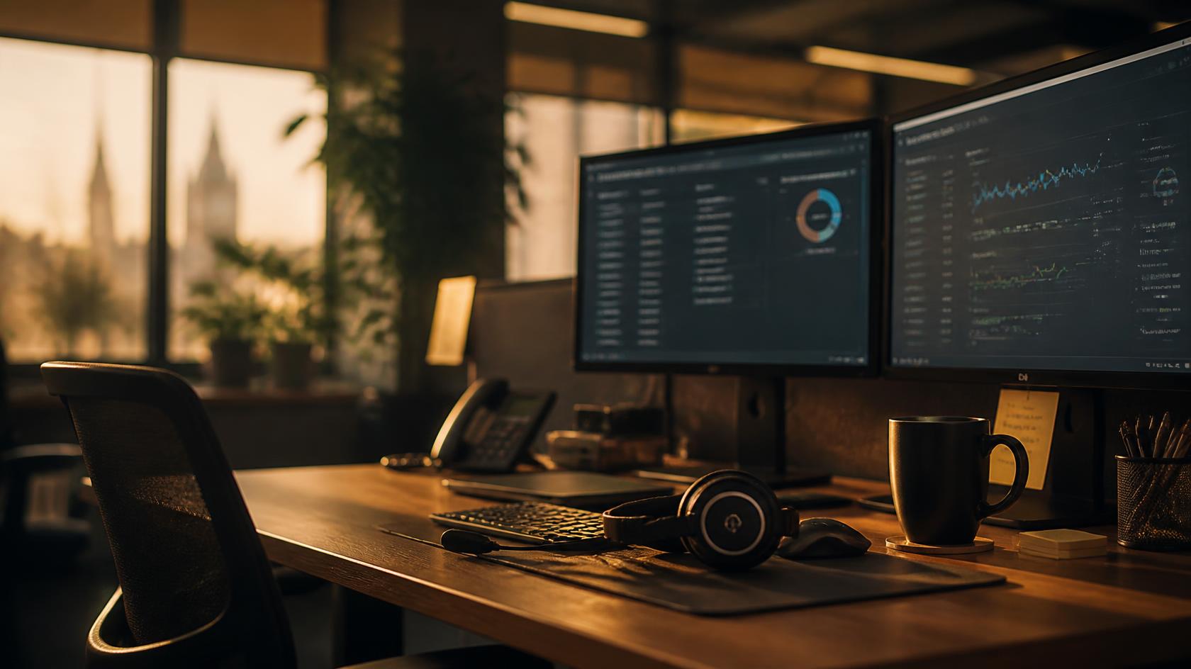 Desk with dual monitors showing monitoring dashboards