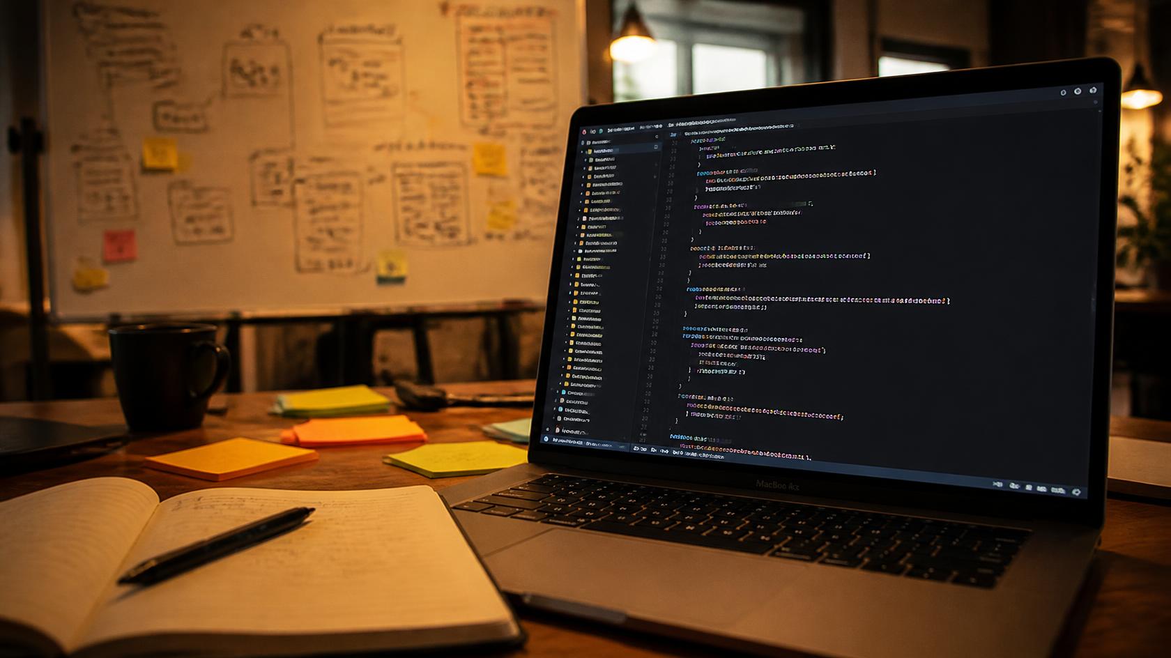 Workspace with code and wireframes on screen